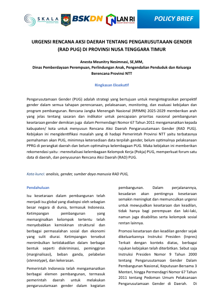 URGENSI RENCANA AKSI DAERAH TENTANG PENGARUSUTAAAN GENDER  (RAD PUG) DI PROVINSI NUSA TENGGARA TIMUR